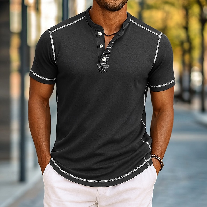 Men's T Shirt Henley Shirt Tee Short Sleeve Shirt Short Sleeve Crewneck Henley Summer Spring &  Fall Plain Fashion Designer Basic Plain Vacation Street Casual Black Dark Navy khaki Top Tee for Men