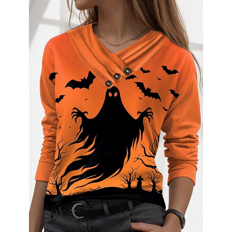 Halloween Women's T shirt Pumpkin Vintage Stylish Casual Long Sleeve V Neck Regular Tops Daily Buttons Print Black Yellow Orange Fall Winter2