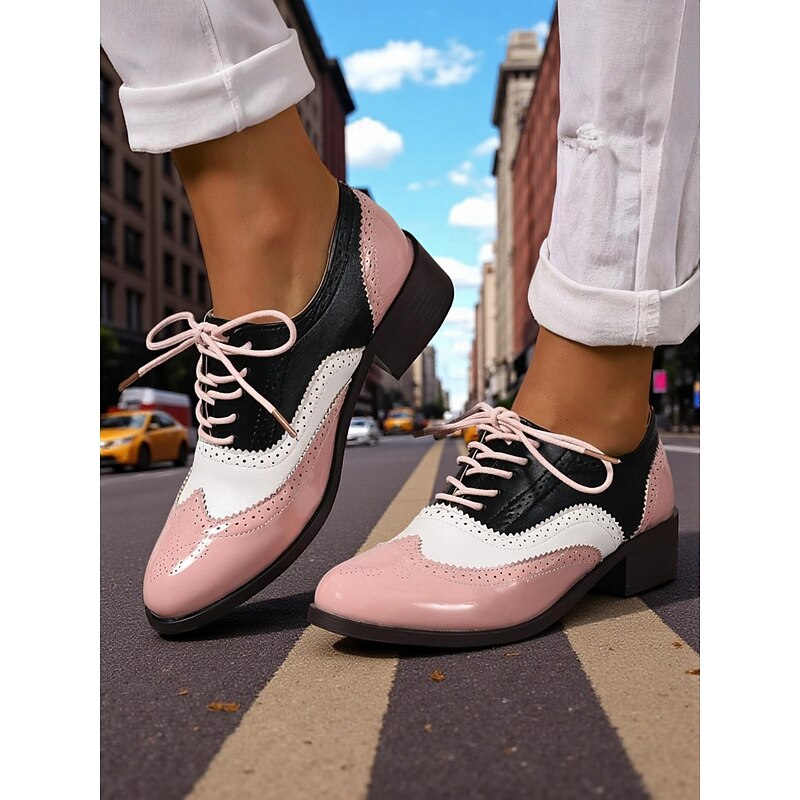 Women's Yellow Patent Leather Oxford Brogues – Colorblock Wingtip Lace-Up Dress Shoes, 1950s Vintage British Style for Office, School and Streetwear4