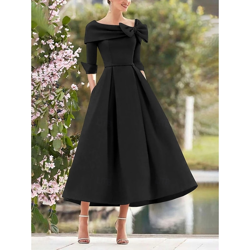 A-Line Cocktail Dresses Elegant Dress Formal Wedding Guest Tea Length 3/4 Length Sleeve Square Neck Pocket Satin with Bow(s) Pocket3