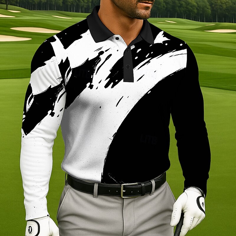 Men's Splash Ink Golf Shirt Long Sleeve Polo Shirts Collared Shirts Business Casual Athleisure Outdoor clothing Holiday Daily Wear 3D Print Buttons Spring Fall Winter White Yellow Red