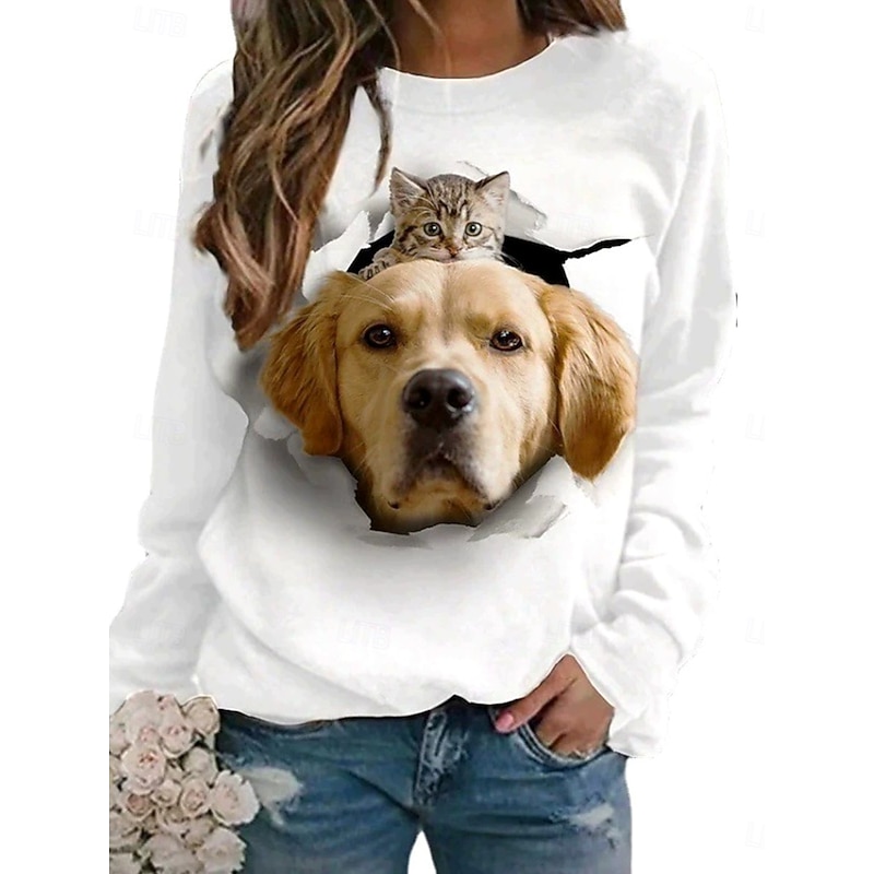 Women's Pullover Sweatshirt Hoodies Graphic Cat Dog Fashion Casual Long Sleeve Crew Neck Regular Tops Street Dailywear Print White Spring Fall Winter - Main Image