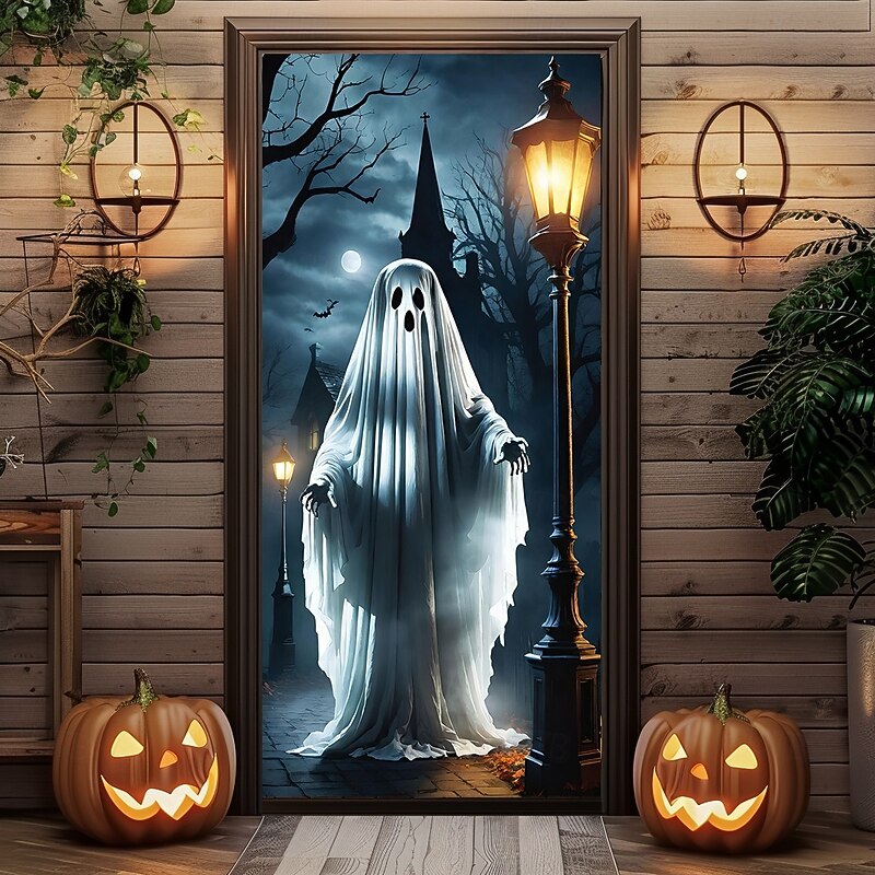 Halloween Door Covers Ghost Door Tapestry Door Curtain Decoration Backdrop Door Banner for Front Door Farmhouse Holiday Party Indoor Outdoor Decor Supplies2