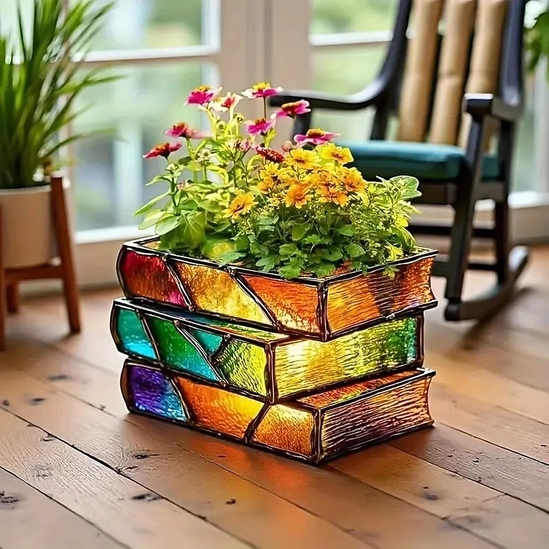 Stacked Book Flower Pot 3/4 Layer Bookshelf Planter Resin Book Shaped Vase Planters for Indoor/Outdoor Decor Ideal Gift for Book Lovers, Writers, Teachers2