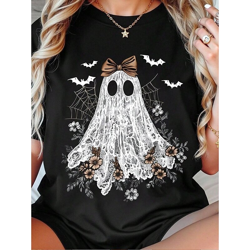 Halloween Women's T shirt Ghost Graphic Skull Vintage Stylish Classic Short Sleeve Crew Neck Round Neck Regular Tops Daily Weekend Print Black Summer Spring Fall