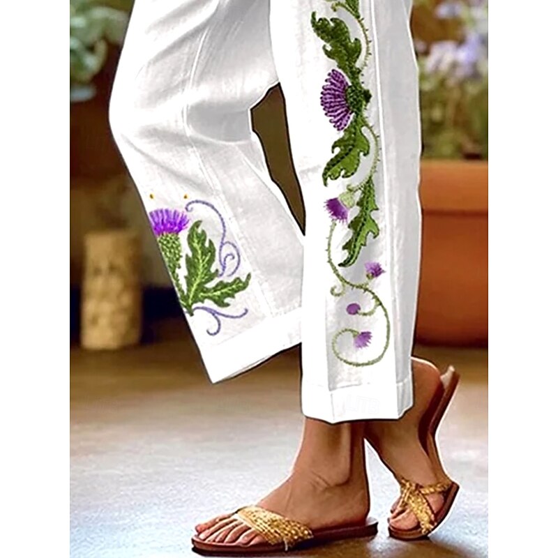 Women's Chinos Straight Vacation Vintage Ethnic Style Ankle-Length High Waist Floral Graphic Embroidered Pocket Printing Soft Outdoor Breathable Inelastic Vacation Street Causal White / Green Summer3