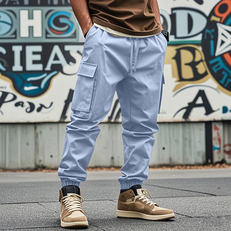 Men's Cargo Pants Cargo Joggers Trousers Casual Pants Pocket Elastic Waist Drawstring Plain Comfort Full Length Outdoor Work Daily Fashion Streetwear Black White Inelastic2