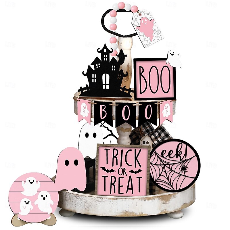 15-Piece Halloween Pink Tiered Tray Decor Set, Cute Ghost Wooden Signs and Farmhouse Style Decorations for Home, Table, and Party Supplies