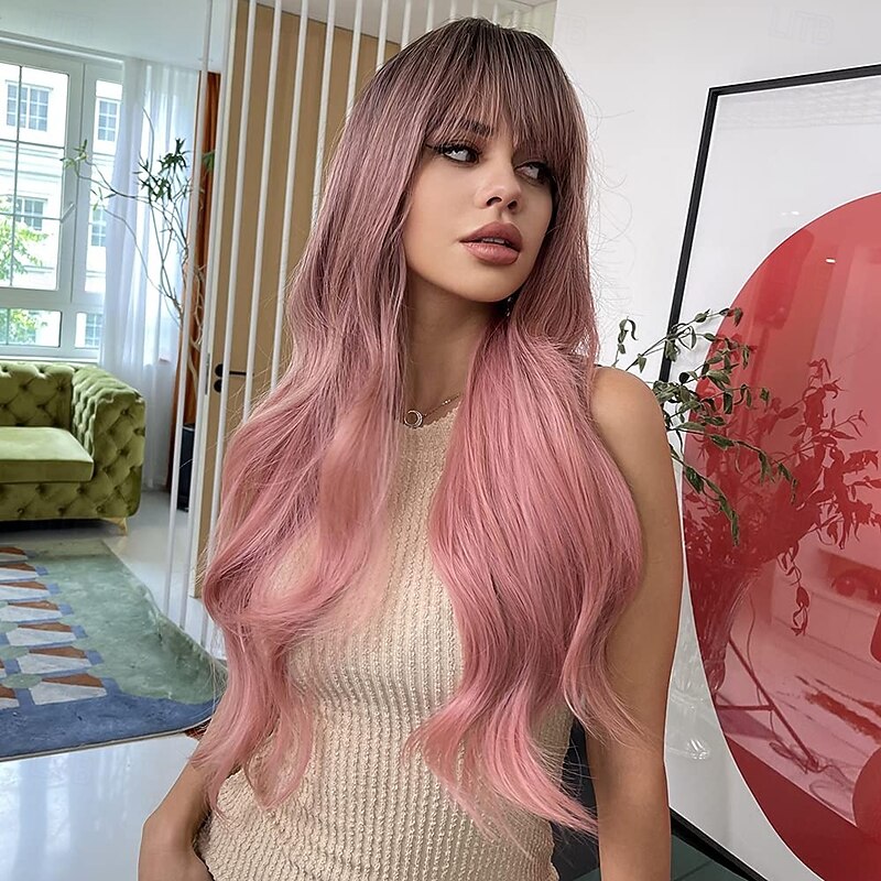 Pink Wig With Bangs Ombre Pink Wigs For Women Long Wavy Wigs Cute Pink Light Cosplay Party Wig Heat Resistant Dark Roots Natural Looking2