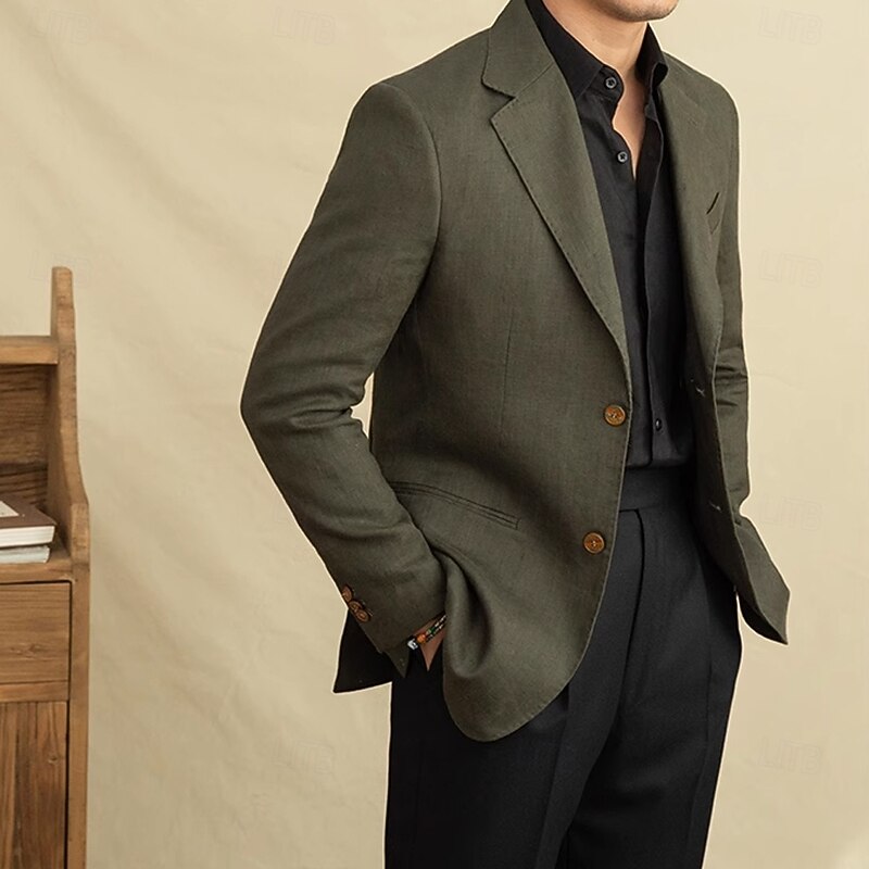 Men 100% Linen Blazer Blazer Jacket Linen Blazer Formal Wedding Christmas Elegant Vintage Summer Spring 100% Linen Solid Color Pocket Single Breasted Two-button Blazer Black White Orange Army Green2