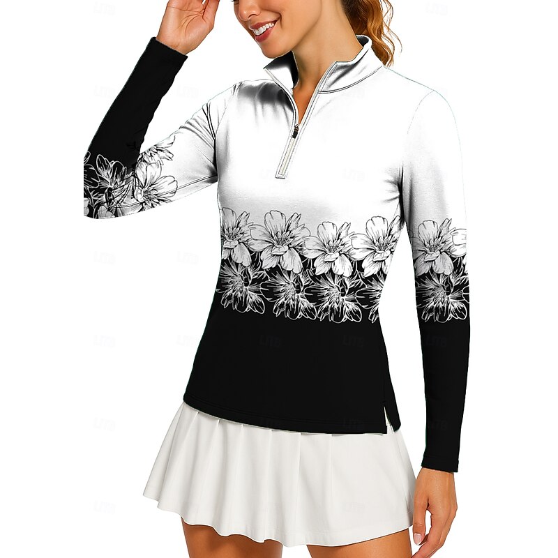 Women's Geometric Floral Golf Polo Shirt Tennis Shirt Tennis Tee Long Sleeve Print Quarter Zip Pullover UV Protection Elastic Breathable Tennis Golf Pickleball High Neck Zip Collar Shirt Polo Black