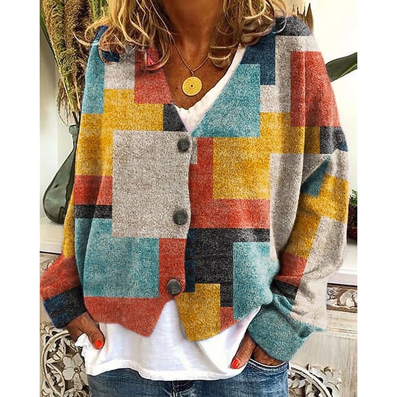 Women's Sweater Cardigan Fashion Streetwear Daily Plaid Color Block Ribbed V Neck Knitted Print Long Sleeve Regular Tops Knit Holiday Going out Weekend Yellow Fall Winter