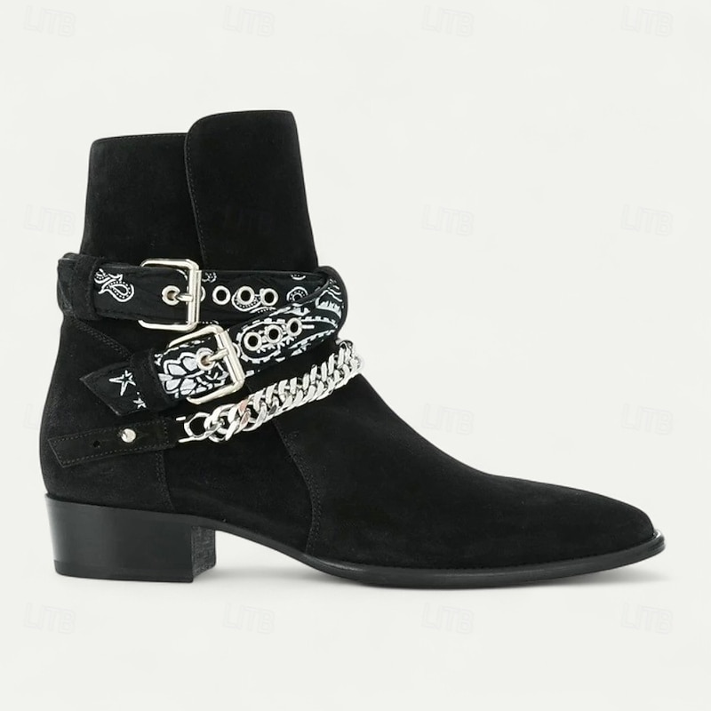 Men's Black Suede Leather Buckle Ankle Boots – Gothic Western Cowboy Style Boots with Chain Decor for Rock Concerts & Streetwear4