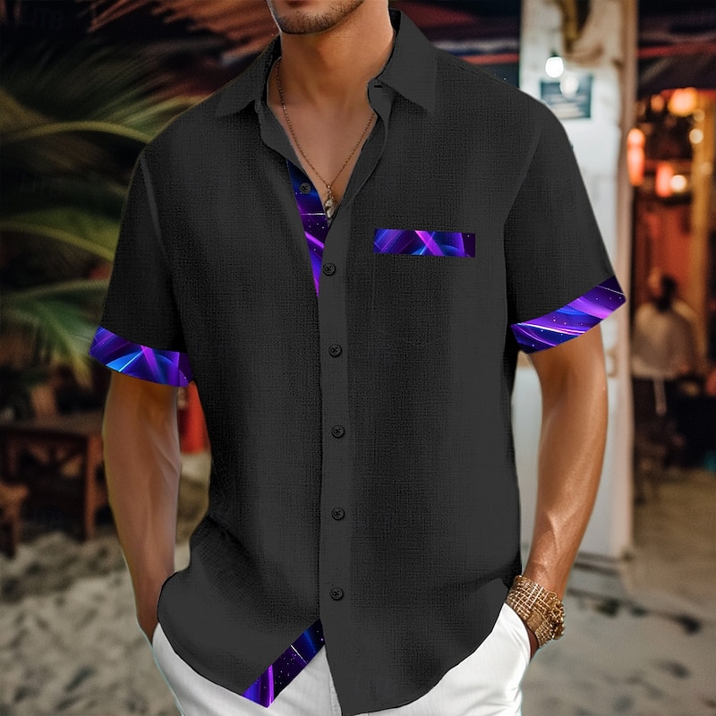 Men's Shirt Linen Shirt Summer Shirt Beach Shirt Button Up Shirt Casual Holiday Black Blue Purple Green Short Sleeve Turndown Summer Clothing Apparel Front Pocket