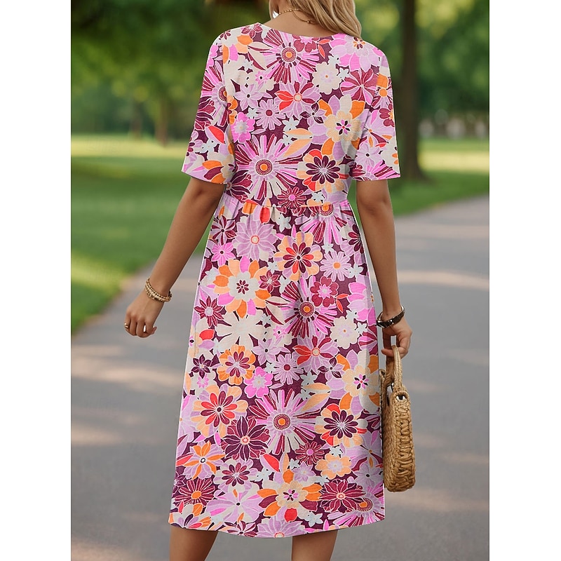 Women's Midi Dress Casual Dress Sundress A Line Dress Summer Dress Vacation Casual Beach Holiday Regular Fit Floral Graphic Short Sleeve Crew Neck Pink Blue Orange Green Summer Spring2
