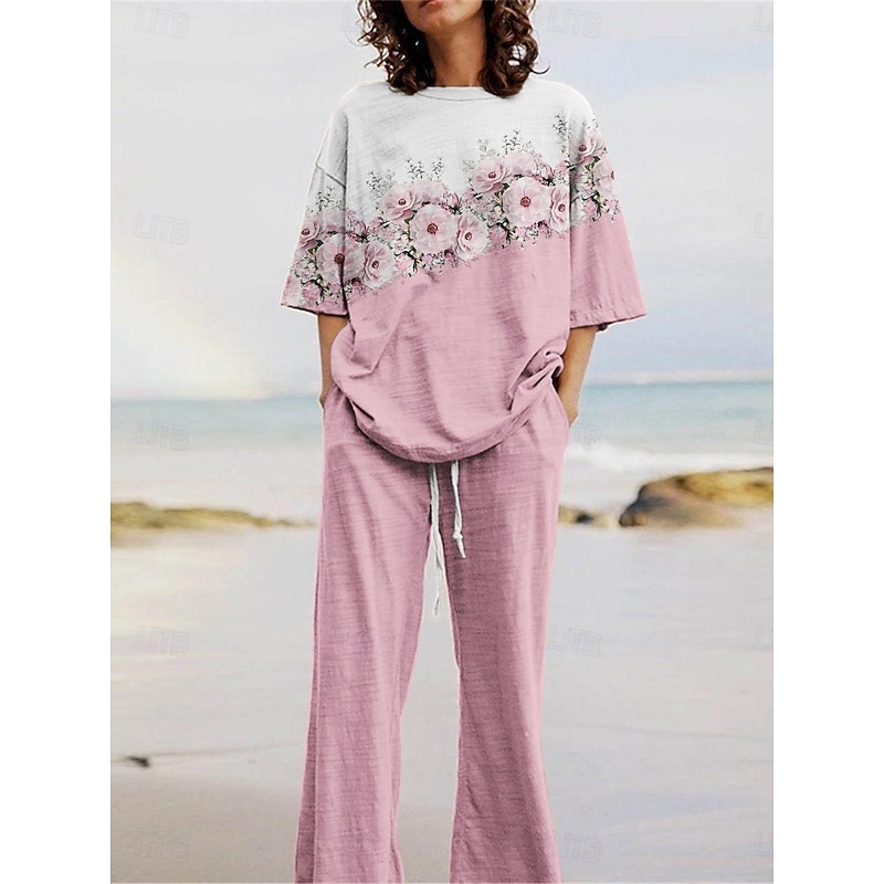 Women's Active Fashion Pants Sets 3/4 Length Sleeve Crew Neck Floral Print Vacation Daily Holiday Pink Summer Regular Fit
