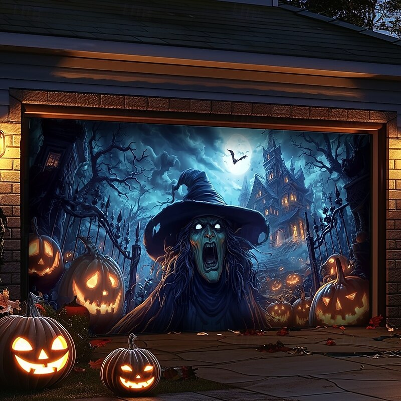 Halloween Garage Door Cover – Witch with Pumpkins & Bats, Outdoor Decoration for 2025 Halloween Home Front Yard4