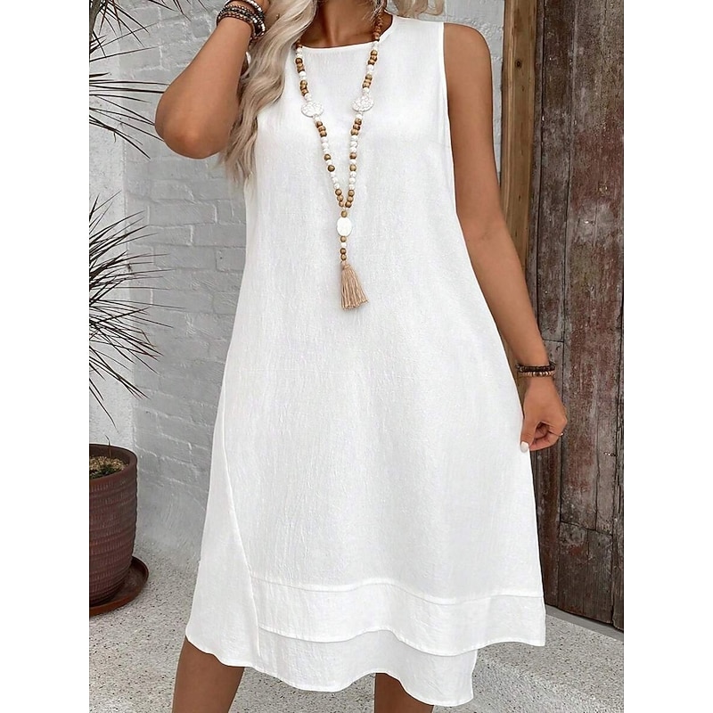 Women's Midi Dress Summer Dress Casual Daily Regular Fit Solid Color Sleeveless Crew Neck White Navy Blue Summer