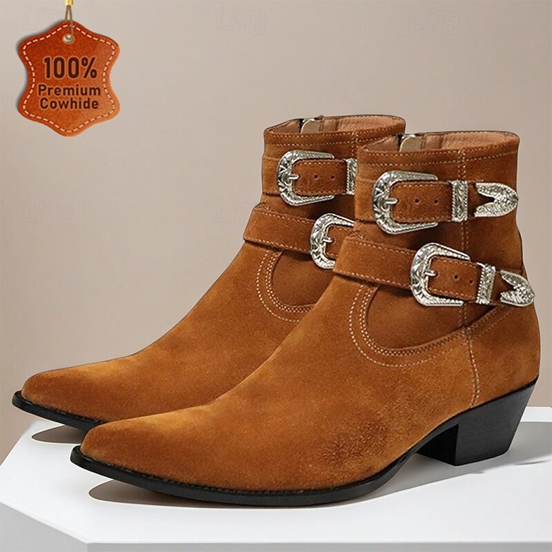 Men's Suede Leather Buckle Ankle Boots – Western Cowboy Style Retro Dress Boots for Fall Outfits & Daily Wear