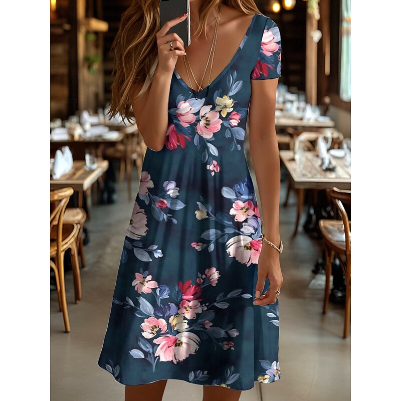 Women's Mini Dress Casual Dress T Shirt Dress Tee Dress Sundress A Line Dress Vacation Casual Boho Beach Regular Fit Floral Graphic Short Sleeve V Neck Red Blue Purple Brown Summer Spring