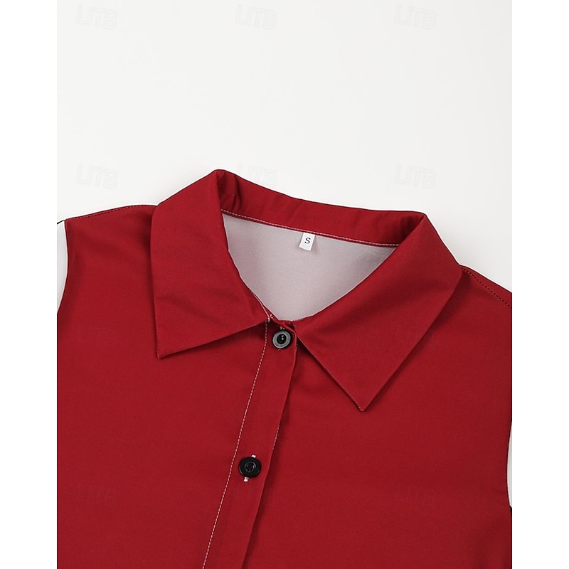 Women's Long Dress Maxi Dress Shirt Dress Casual Dress Elegant Fashion Modern Outdoor Party Holiday Regular Fit Color Block Long Sleeve Shirt Collar Wine Spring Fall3