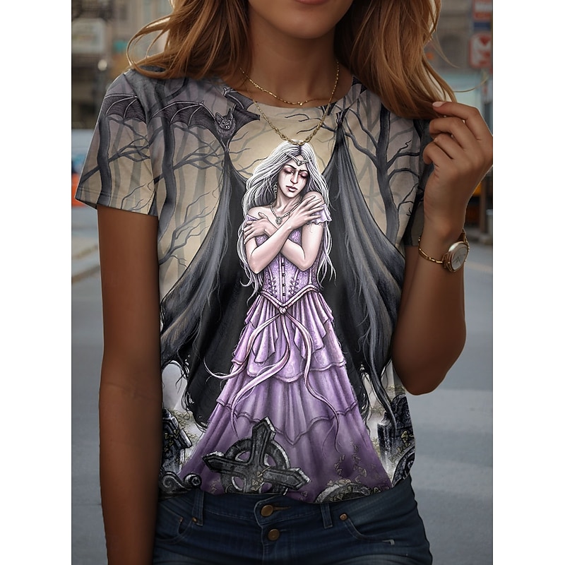 Witch Cross By Sarah Richter Halloween Women's T Shirt Graphic  Vintage Stylish Classic Short Sleeve Crew Neck Regular Tops Daily Print Blue Green Khaki Summer Spring Fall