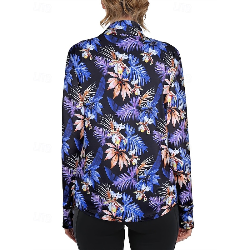 Women's Floral Botanical Golf Polo Shirt Tennis Shirt Long Sleeve Print Quarter Zip Pullover UV Protection Elastic Breathable Tennis Golf Pickleball Zip Collar Shirt Polo Blue Green Tennis Clothing2