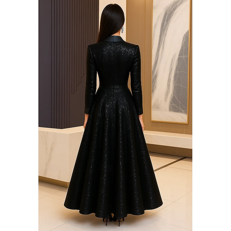 Tuxedo Dress A-Line Formal Wedding Guest Kentucky Derby Satin Sequin Elegant Glittering Long Sleeve Ankle Length Peak Lapel3