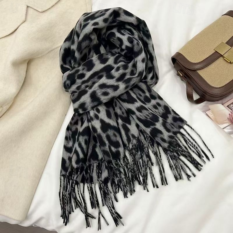 Women's Rectangle Scarf Street Daily Date Grey Beige Scarf Leopard3