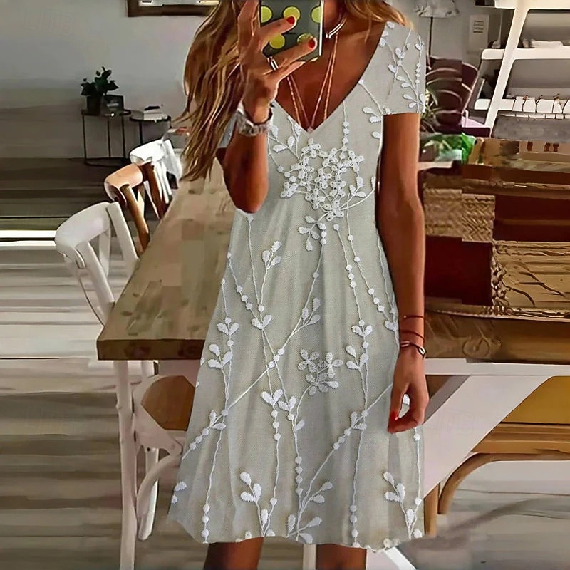 Women's Mini Dress Casual Dress Summer Dress Fashion Modern Daily Beach Weekend Regular Fit Floral Short Sleeve V Neck Khaki Gray Spring Fall