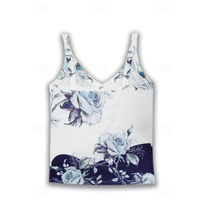 Women's Shirt Blouse Floral Graphic Vintage Tropical Stylish Sleeveless Strap V Neck Regular Tops Daily Print Black And White Blue Sky Blue Summer Spring2