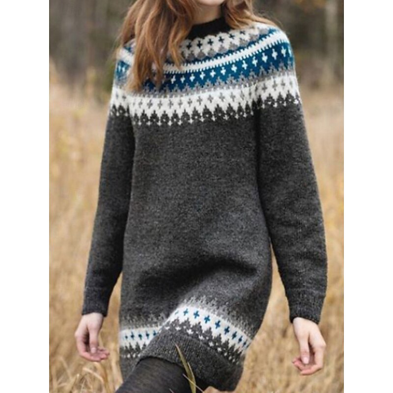 Women's Sweater Casual Soft Geometric Ribbed Crew Neck Knitted Print Long Sleeve Long Tops Knit Outdoor Daily Weekend Black Navy Blue Fall Winter4