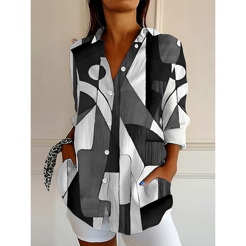 Women's Shirt Button Down Tunic Shirt Collar Long Sleeve Graphic Geometric Abstract Vintage Daily Stylish Regular Tops Work Daily Holiday s Print Black And White Pink Blue Purple Green Spring Fall
