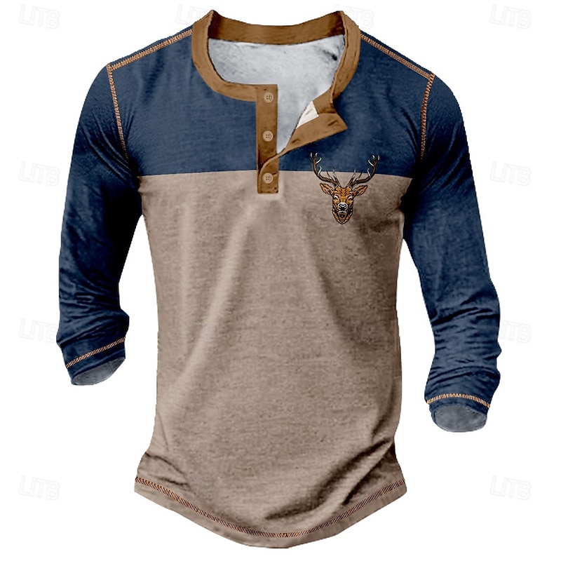 Men's Graphic animal print Henley Shirt Tee Long Sleeve Vintage Fashion Designer Outdoor Casual Daily Spring &  Fall All Seasons Army Green Dark Brown Navy Blue Henley Henley T-Shirt3