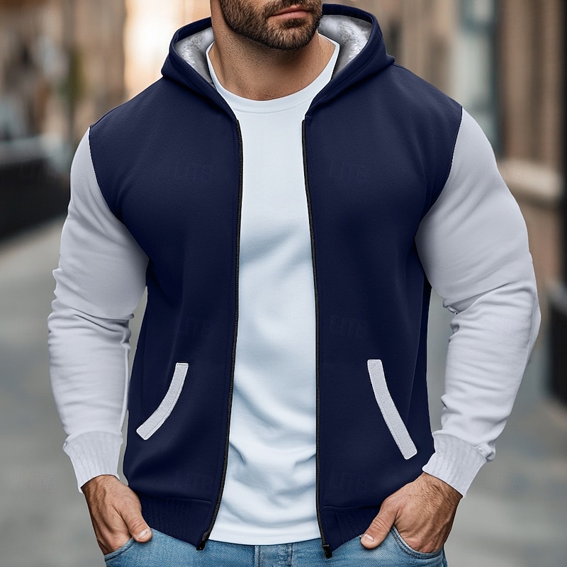 Men's Zip Sweatshirt Fleece Hoodie Black Red Navy Blue Gray Hooded Standing Collar Plain Zip Up Front Pocket Sports & Outdoor Casual Daily Streetwear Cool Sportswear Fall & Winter Clothing Apparel