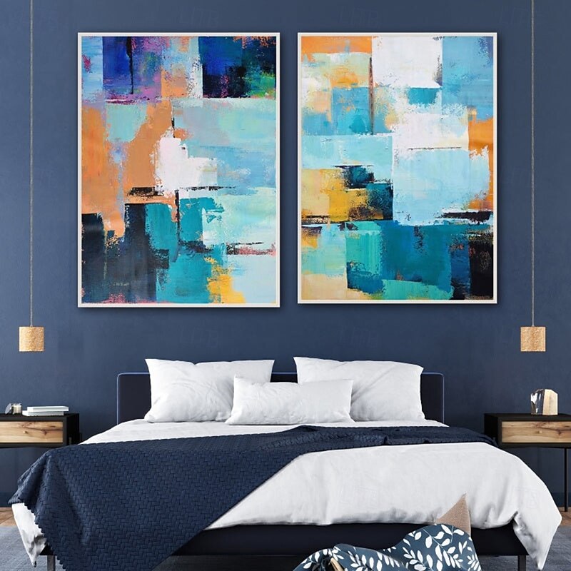 Two pieces Hand Painted abstract Oil Painting Handmade Wall Art Modern abstract minimalist original art Light steel blue wall art acrylic texture framed large canvas oil painting2