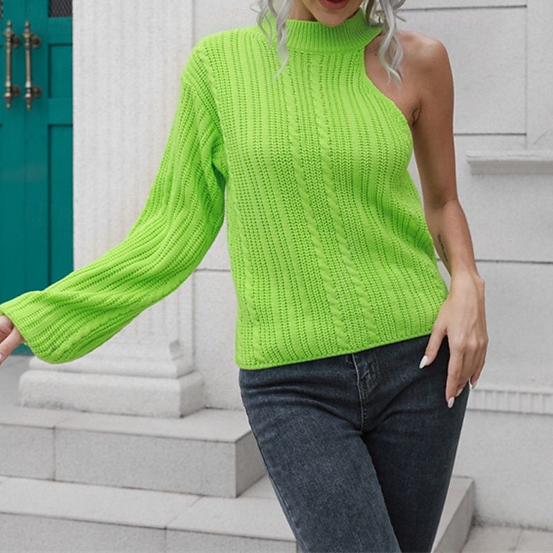 Women's Pullover Casual Solid Color Chunky Turtleneck Knitted Cold Shoulder Long Sleeve Regular Tops Knit Daily Holiday Going out Black Blue Fall Winter3