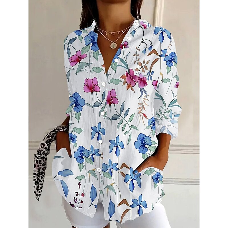 Women's Shirt Button Down Tunic Shirt Collar Long Sleeve Floral Graphic Vintage Tropical Daily Regular Tops Work Daily s Print Pink Light Blue Spring Fall