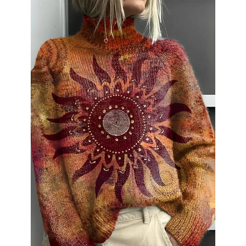 Women's Sweater Casual Soft Graphic Geometric Ribbed Turtleneck Knitted Print Long Sleeve Regular Tops Knit Outdoor Daily Weekend Wine Blue Fall Winter3