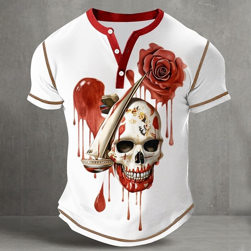 Men's Halloween Blood Splatter Cool Skulls Henley Shirt Tee Short Sleeve Vintage Fashion Designer Outdoor Casual Daily Spring &  Fall All Seasons White Henley Henley T-Shirt