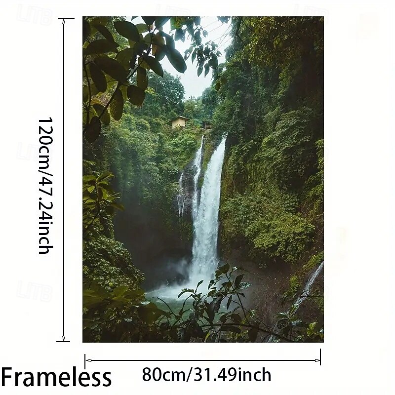 1 Frameless Canvas Art Print - Lush Forest Waterfall Scene With Mediterranean House - Modern Wall Decoration In Living Room Bedroom Dining Area - Vibrant Natural Inspiration Poster Large Canvas Wal2