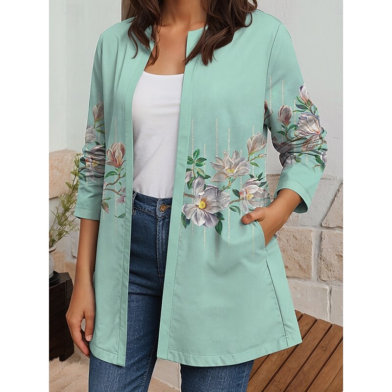 Women's Blazer Work Casual Spring Fall Winter Regular Coat Regular Fit Breathable Elegant Artistic Style Boho Vintage Jacket Long Sleeve Floral Pocket Print Dusty Rose Dusty Blue Green