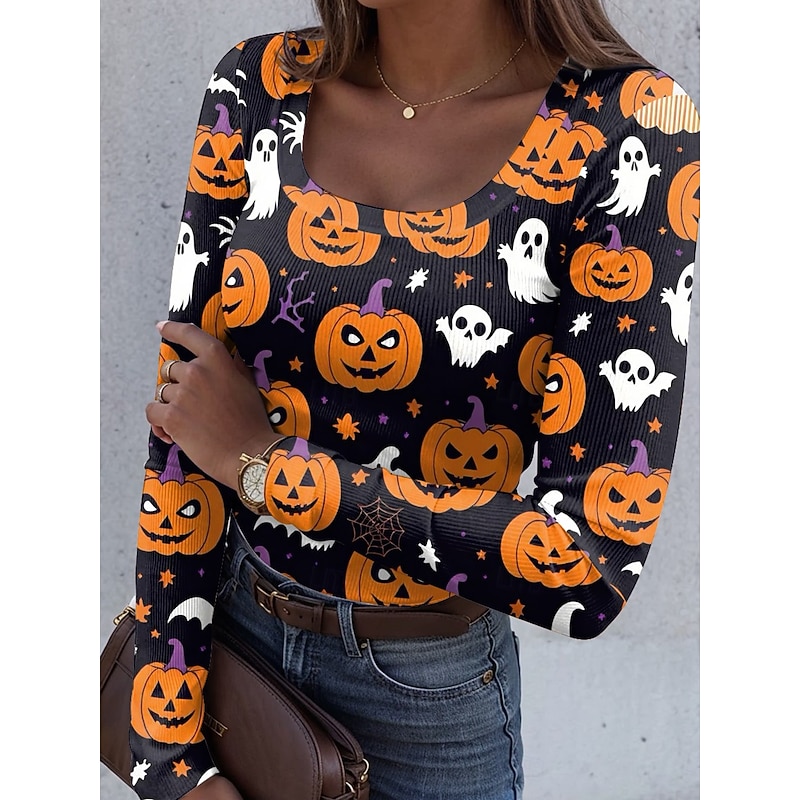 Halloween Women's T shirt Pumpkin Ribbed Graphic Square Neck Long Sleeve Casual Vintage Regular Tops Daily Print Black Blue Orange Green Spring Fall2