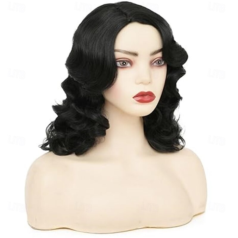 Black Curly Finger Wave Wigs for Women Long 1920s Wig Vintage Wigs Lady Synthetic Cosplay Costume Wig2