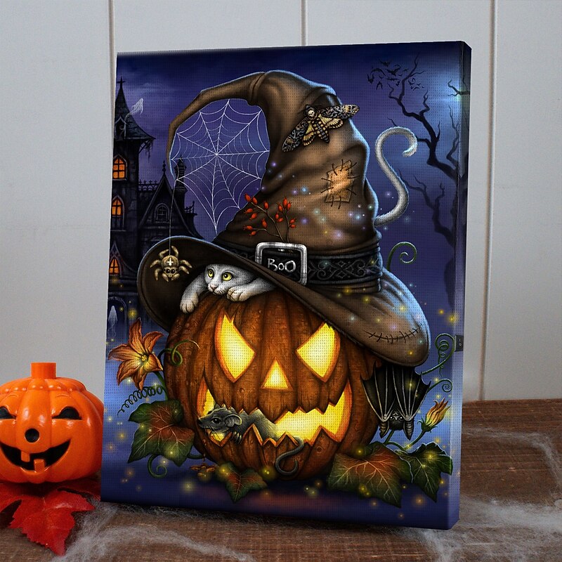 Halloween LED Canvas Wall Art A Spooktacular Night by Sarah Richter LED Lighted Up Wall Decor 2AA Battery Operated Lighted Canvas Print LED Light Kitchen Bedroom or Home Decor Waterfall