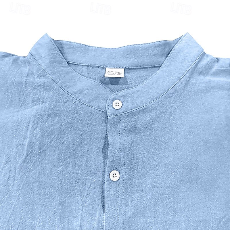 Men's Shirt Linen Shirt Band Collar Shirt Summer Shirt Beach Wear Solid Color Vacation Street White Blue Khaki Long Sleeve Mandarin Collar Summer Spring Clothing Apparel Pocket3