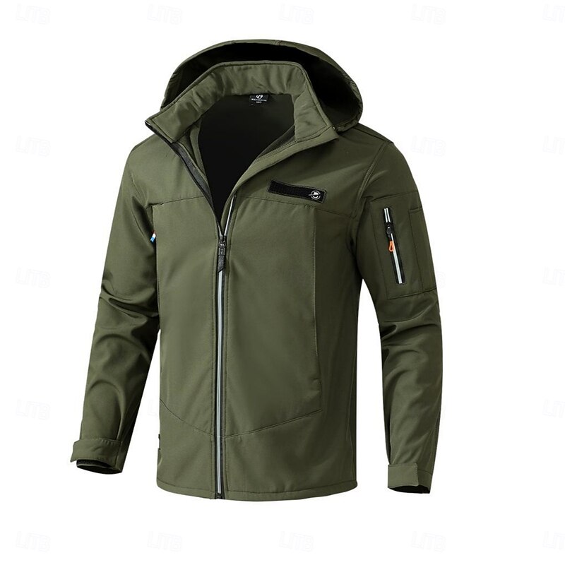 Men's Softshell Jacket Sport Coat Raincoat Hiking Jacket Outdoor Camping & Hiking Waterproof Windbreaker Zipper Pocket Fall Winter Solid Color Fashion Streetwear Hooded Regular Black Dark Green Jacket2