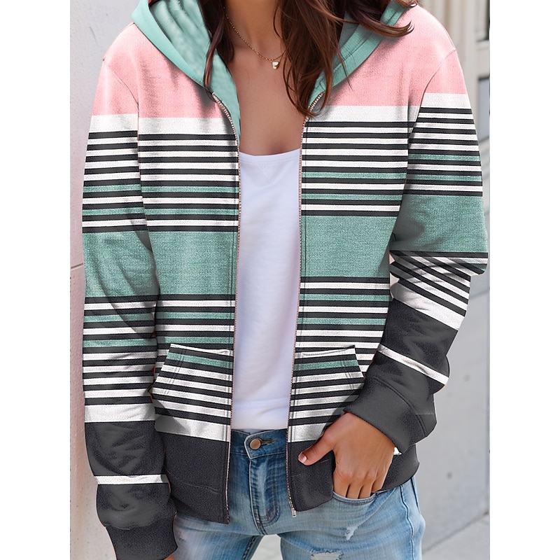 Women's Hooded Sweatshirt Jacket Long Sleeve Zip Up Hoodie With Pocket Lightweight Casual Graphic Striped Street Dailywear Pocket Print White Yellow Pink Blue Purple Spring Fall