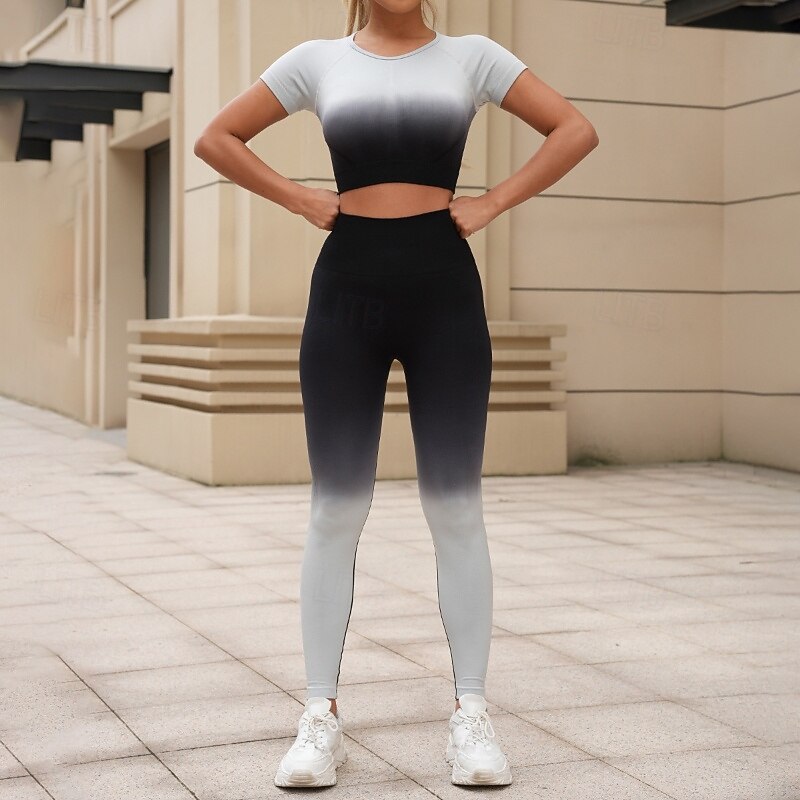 Women's 2 Pieces Yoga Sweatsuit Lounge Outfits  Color Gradient Clothing Suit Black Pink Gym Workout High Waist Stretchy Breathable Short Sleeve Sport Activewear Slim2