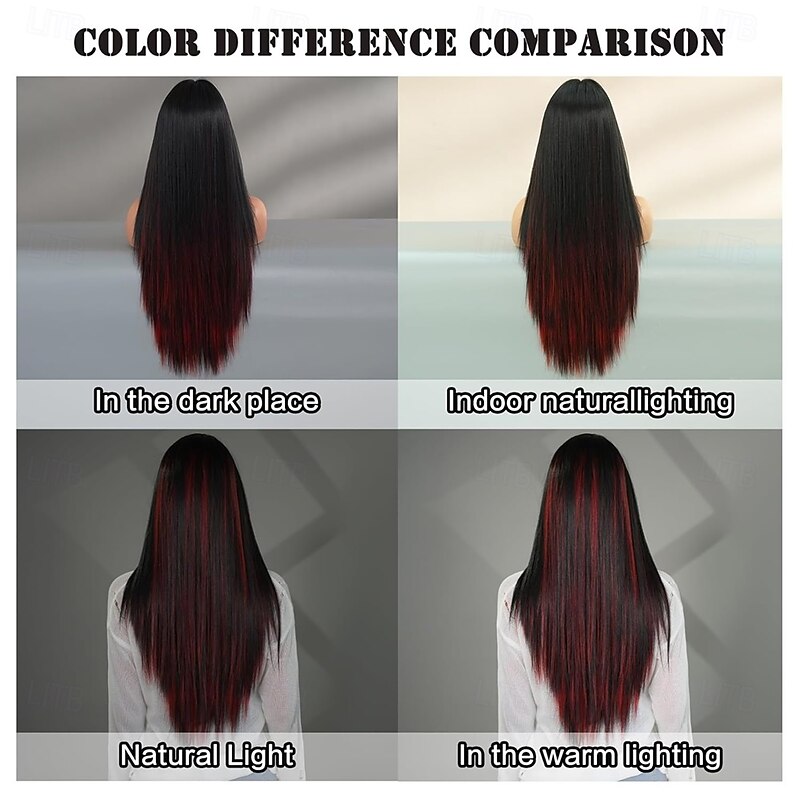 31in Ombre Red Black Long Straight Highlight Wigs with Curtain Bangs Natural Heat Resistant Synthetic Fiber Layered Highlight Midlle Part Women Wigs for Chrismas Daily Party Daily Used2